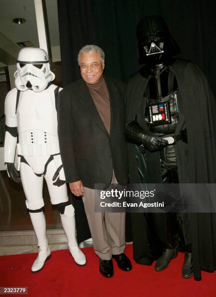 James Earl Jones poses with Darth Vader at a benefit pre-party & premiere of "Star Wars Episode II: Attack Of The Clones" during the Tribeca Film...