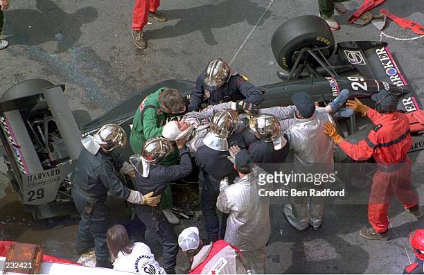 KARL WENDLINGER OF THE SAUBER TEAM IS LIFTED UNCONSCIOUS FROM HIS CAR AFTER CRASHING DURING PRACTICE FOR SUNDAY''S MONACO FORMULA ONE GRAND PRIX IN...