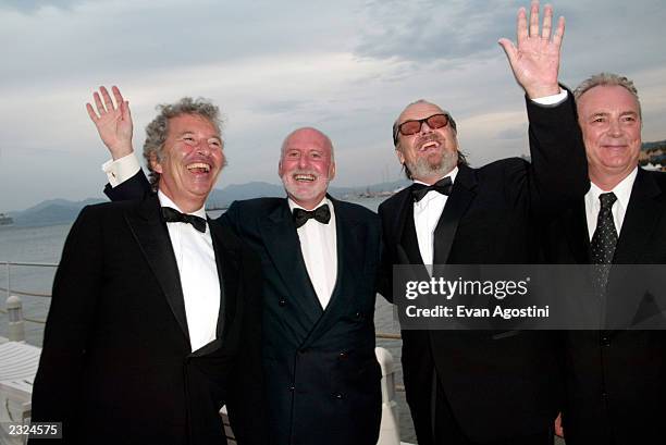 New Line co-chairmen Bob Shaye and Michael Lynne with Jack Nicholson and Rolf Mittweg at the "About Schmidt" Pre-Premiere party at Carlton Beach...