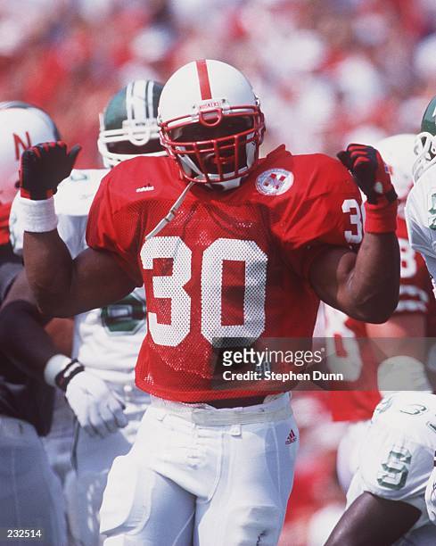Running back Ahman Green of the University of Nebraska celebrates after a play during the Corn Huskers 55-14 win over Michigan State at Memorial...