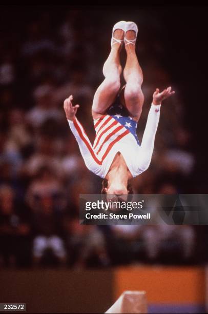 Mary Lou Retton of the United States performs in the Women's Balance Beam event on 5th August 1984 during the XXIII Olympic Summer Games at the Edwin...