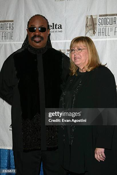 Linda Moran, Pres. Songwriters Hall of Fame with Sammy Cahn Lifetime Achievement Award recipient Stevie Wonder at the 33rd Annual Songwriters Hall Of...