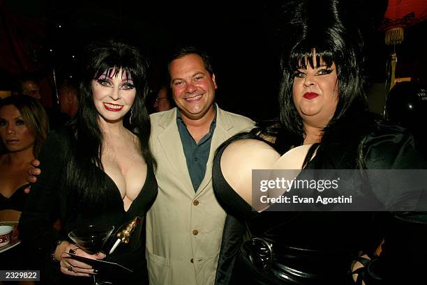 Elvira with Bill Sondheim, Pres. Goodtimes Entertainment, at a pre-screening party for "Elvira's Haunted Hills" at Lucky Cheng's in New York City....