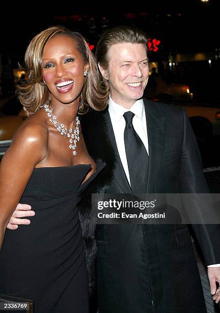 Model Iman and husband, musician David Bowie attend the amFAR Benefit Honors Gala at Cipriani 42nd Street on February 3, 2003 in New York City.