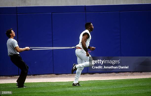 Chicago White Sox''s Bo Jackson performs a pre-game rehab excercise in the outfield at Comisky Park. Mandatory Credit: Jonathan Daniel/ALLSPORT