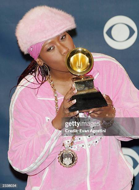 Best Female Rap Solo Performance for "Scream A.K.A. Itchin," Missy Elliot, poses backstage during the 45th Annual Grammy Awards at the Madison Square...