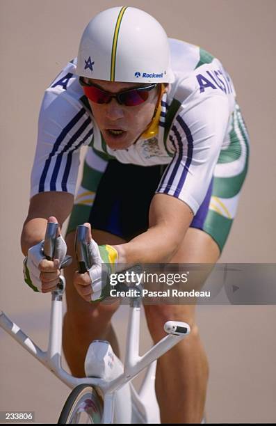 John Bradley Mcgee of Australia in action in the individual pursuit qualifiers at Stone Mountain Velodrome at the 1996 centennial Olympic games in...