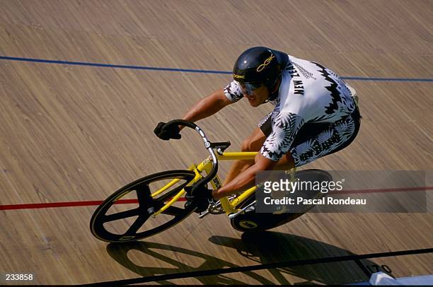 New Zealander P McKenzie in the 200m sprint flying time trial at the Stone Mountain Velodrome at the 1996 Centennial Olympic Games in Atlanta...