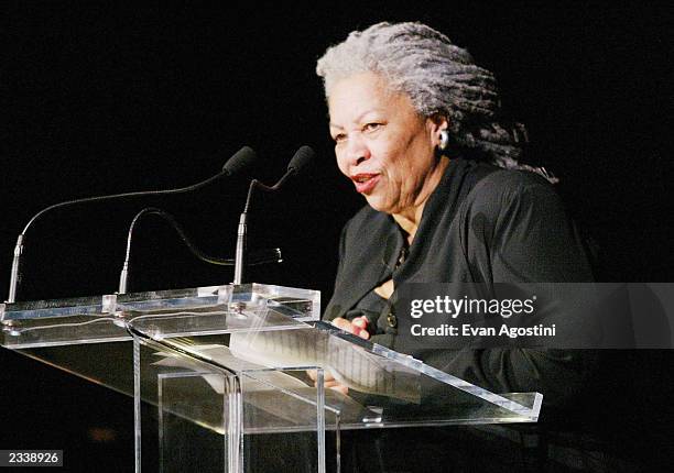 Author Toni Morrison speaks at the Risk-Takers In The Arts honors benefit hosted by the Sundance Institute at Cipriani 42nd Street April 23, 2003 in...