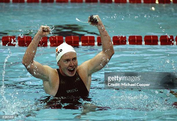 Michelle Smith of Ireland celebrates her win in the womens individual 400 metre medley at the Georgia Tech Aquatic Centre at the 1996 Centennial...