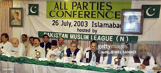 Pakistani opposition leaders from all political parties Fazlur Rehman, Qazi Hussain Ahmed, Raja Zafarul Haq, Javed Hashmi, Nawabzada Nasrullah, Amin...