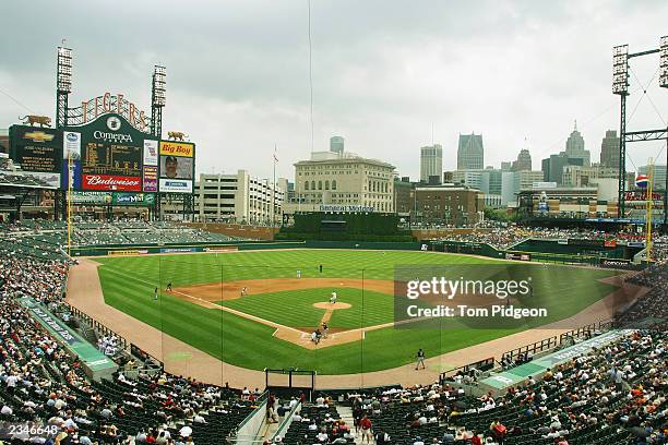 The Detroit Tigers play the field as the Chicago White Sox bat in the fifth inning of the game at Comerica Park on July 10, 2003 in Detroit,...