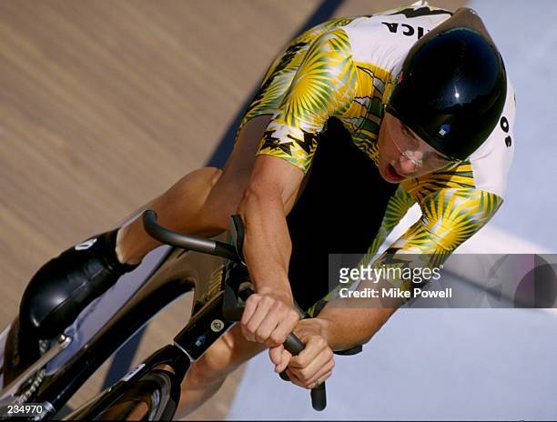 David Harold George of South africa in action during the mens individual pursuit qualifiers at Stone Mountain Velodrome at the 1996 Centennial...
