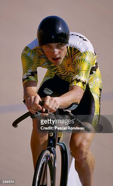 David Harold George of South Africa in action in the individual pursuit qualifiers at Stone Mountain Velodrome at the 1996 centennial Olympic games...