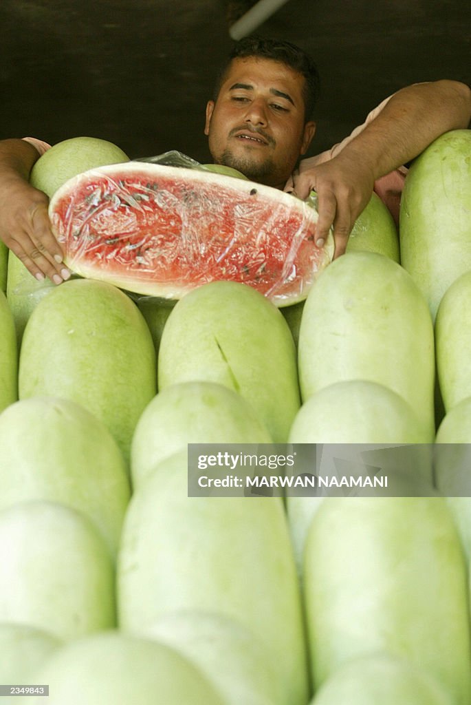An Iraqi watermelon seller arranges his