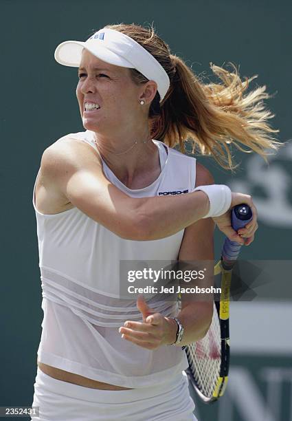 Meghann Shaughnessy of the USA returns a shot against Mikaelian Marie-Gaianeh of Switzerland during the Bank of the West Classic at Stanford...