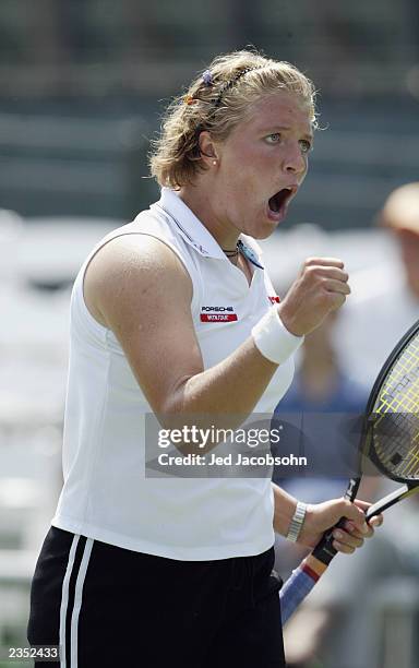 Mikaelian Marie-Gaianeh of Switzerland celebrates after winning a point against Meghann Shaughnessy of the USA during the Bank of the West Classic at...