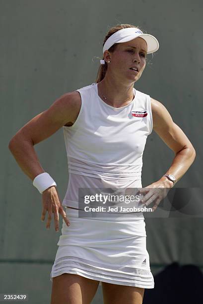 Meghann Shaughnessy of the USA reacts to a call against Mikaelian Marie-Gaianeh of Switzerland during the Bank of the West Classic at Stanford...