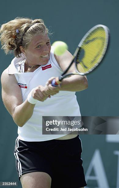 Mikaelian Marie-Gaianeh of Switzerland returns a shot against Meghann Shaughnessy of the USA during the Bank of the West Classic at Stanford...