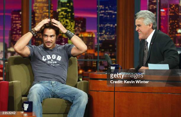Actor Colin Farrell appears on "The Tonight Show with Jay Leno" at the NBC Studios on July 31, 2003 in Burbank, California.