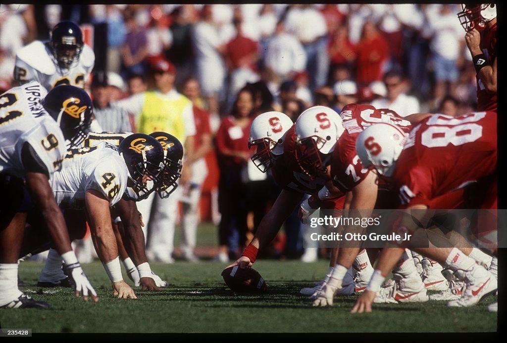 20 NOV 1993: THE STANFORD OFFENSIVE LINE AND CAL DEFENSIVE LINE SET AT THE LINE OF SCRIMMAGE DURING