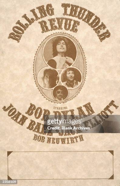 Concert poster for The Rolling Thunder Revue, featuring Bob Dylan, Joan Baez, Jack Elliot and Bob Neuwirth, 1975.