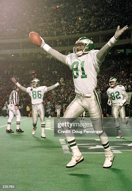 WIDE RECEIVER ROB CARPENTER OF THE PHILADELPHIA EAGLES CELEBRATES HIS HAIL MARY TOUCHDOWN TO END THE FIRST HALF OF THE EAGLES NFC WILDCARD PLAYOFF...