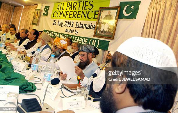 Pakistani opposition leaders from all political parties Samiul Haq, Fazlur Rehman, Qazi Hussain Ahmed, Raja Zafarul Haq, Javed Hashmi, Nawabzada...