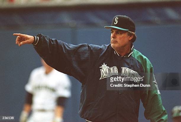 Manager Lou Pinella of the Seattle Mariners looks on during the Mariners 6-5 victory over the New York Yankees in the American League playoff series...