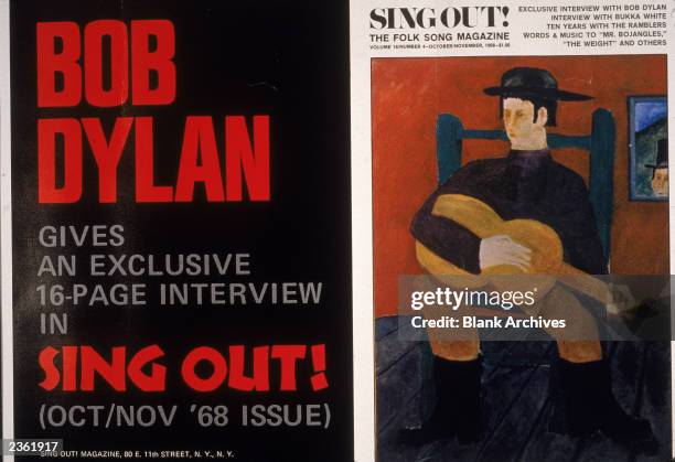 Promotional poster for "Sing Out!" folk music magazine, promoting the October/November issue's interview with Bob Dylan, 1968. The magazine's cover...