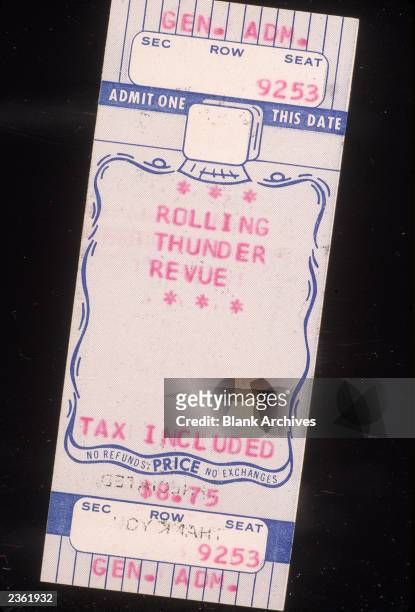 Concert ticket for The Rolling Thunder Revue, which featured Bob Dylan, Joan Baez, Jack Elliot and Bob Neuwirth, 1975. Admission price: $8.75.