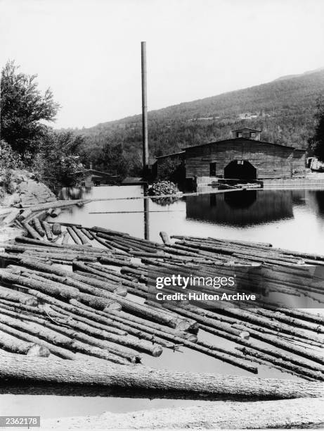 View of logs flaoting in the river at a saw mill in New Hampshire, circa 1930.