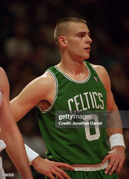 Center Eric Montross of the Boston Celetics waits at the free-throw line during the Celtics 100-82 loss to the Chicago Bulls at the United Center in...