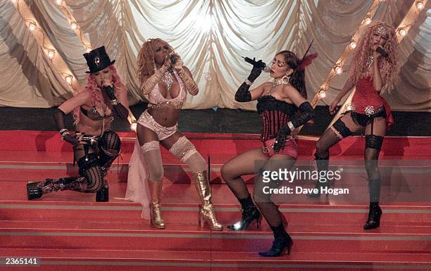 Pink, L'il Kim, Mya, and Christina Aguilera performing 'Lady Marmalade' from the Moulin Rouge soundtrack on the 2001 MTV Move Awards at the Shrine...