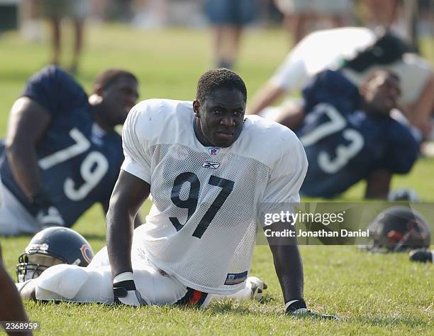 Defensive end Michael Haynes of the Chicago Bears, a first-round draft choice out of Penn State, works out during training camp on July 31, 2003 at...