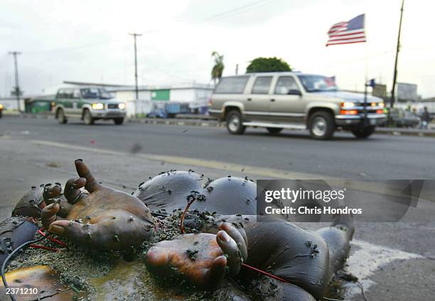 Convoy of the U.S. Ambassador and representatives pass by the bound body of an executed man in LURD rebel held territory August 5, 2003 in Liberia....