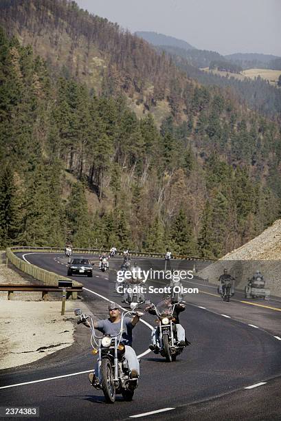 Bikers ride through the Black Hills National Forest on the outskirts of Sturgis, South Dakota during the annual Sturgis Motorcycle Rally August 6,...