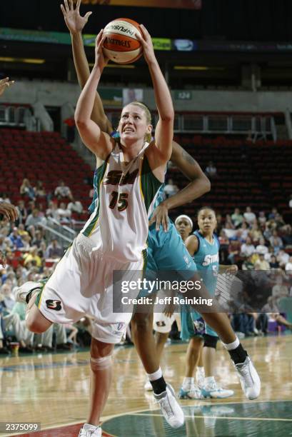 Lauren Jackson of the Seattle Storm drives to the basket during the WNBA game against the Charlotte String at Key Arena on July 31, 2003 in Seattle,...