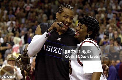 Basketball player Allen Iverson, #3 of the Philadelphia 76ers, hugs his mother, Ann, as he accepts the NBA's 2001 MVP award in a ceremony prior to...
