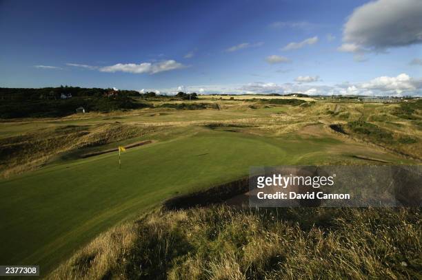 General view of the 'Postage Stamp' par 3, 8th hole taken during a photoshoot held on July 26, 2003 at the Royal Troon Golf Club, venue for the 2004...