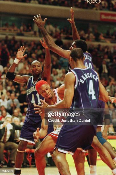 Forward Dennis Rodman of the Chicago Bulls is surrounded by guard Darren Hancock , center Robert Parish and forward Glen Rice of the Charlotte...