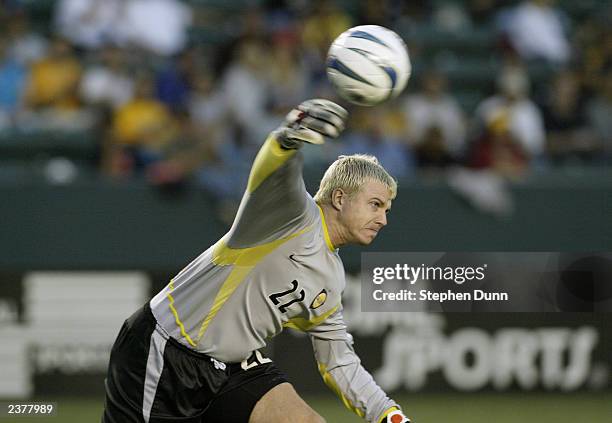 Goalkeeper Kevin Hartman of the Los Angeles Galaxy throws the ball in play during their Major League Soccer game against the Columbus Crew on July...