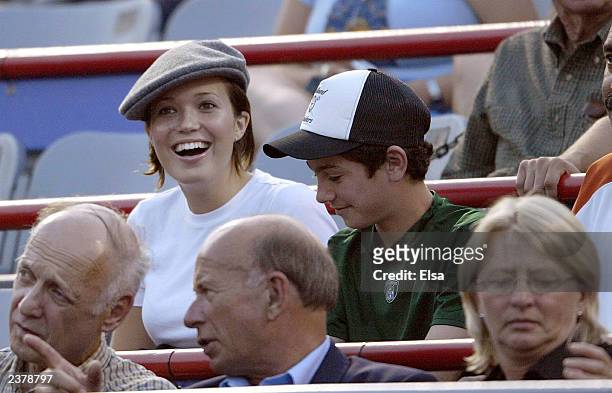 Mandy Moore watches her boyfriend, Andy Roddick of the USA take on Sebastien Grosjean of France during Tennis Masters Canada on August 7, 2003 at...