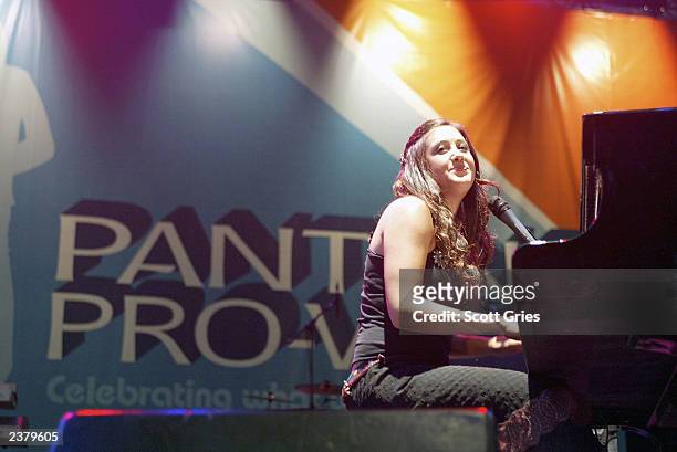 Singer Vanessa Carlton performs at the third annual Pantene Pro-Voice Concert on August 7, 2003 in New York City. The concert is designed to select...