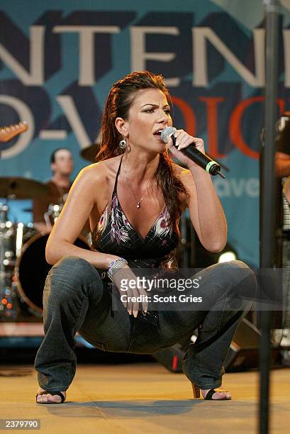 Singer Hadas Shalev performs at the third annual Pantene Pro-Voice Concert on August 7, 2003 in New York City. The concert is designed to select the...