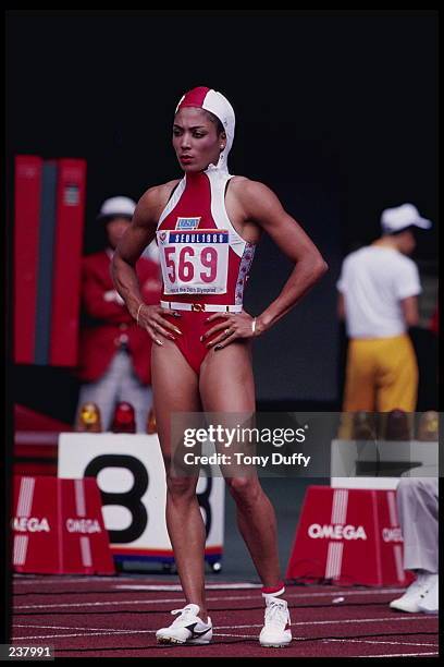 Florence Griffith-Joyner of the USA prepares for the 100m during the 1988 Summer Olympics in Seoul, Korea. Griffith-Joyner went on to win the gold...