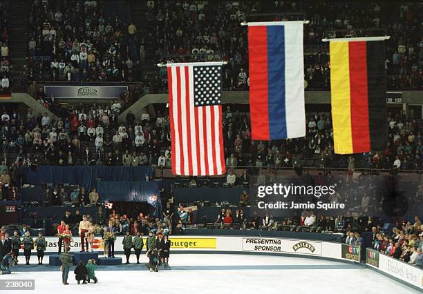 Marina Eltsova and Andrey Bushkov of Russia won the gold, Mandy Wotzel and Ingo Steuer of Germany won the silver, and Jenni Meno and Todd Sand of the...