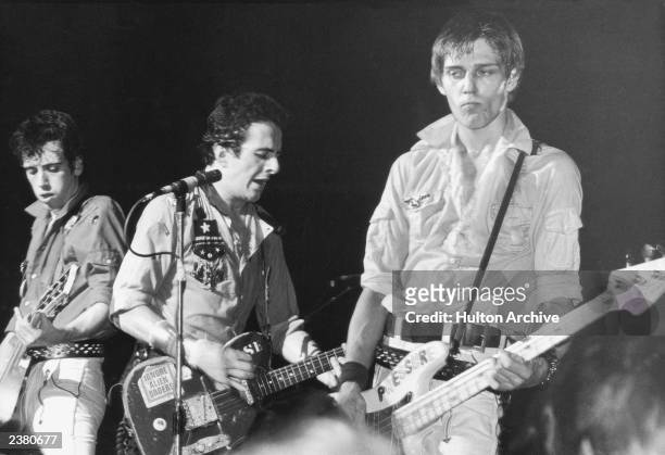 From left to right, Mick Jones, Joe Strummer and Paul Simonon of punk rock band The Clash, circa 1980.