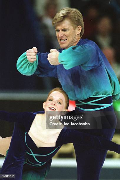 Todd Sand and Jenni Meno of the USA in action during the pairs performance at the World Figure Skating Championships in Edmonton, Alberta, Canada....