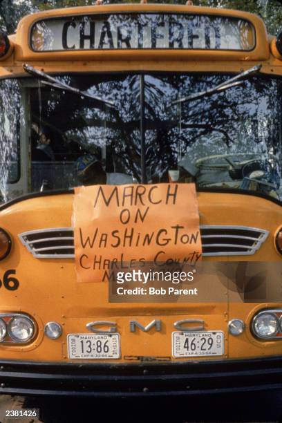 The front of a chartered school bus , at the March on Washington, Washington DC, August 28, 1963. A placard on the dashboard reads: "March on...